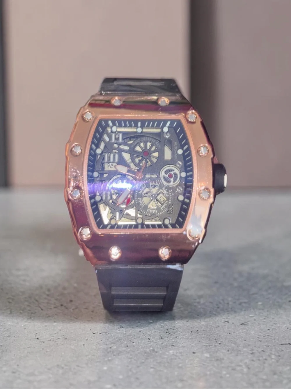Men's Rose Gold Skeleton Sport Watch with Black Strap